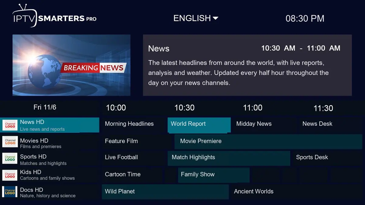 XtreamCube TV guide showing live channels and programme times